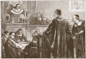 Richard Baxter vor Richter Jeffreys, Illustration aus The History of Protestantism von James Aitken Wylie, veröffentlicht 1878 von English School
