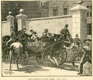 Robert Pates schlägt die Königin vor dem Cambridge House, Illustration aus The Life and Times of Queen Victoria, Vol. II von Robert Wilson, 1888