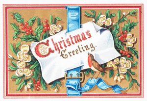 Rotkehlchen mit Nachricht und Blumen, Weihnachtskarte