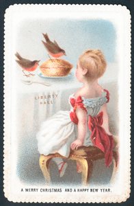 Rotkehlchen picken an Kuchen, Weihnachtskarte