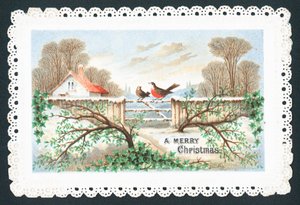 Rotkehlchen sitzen auf Tor, Weihnachtskarte