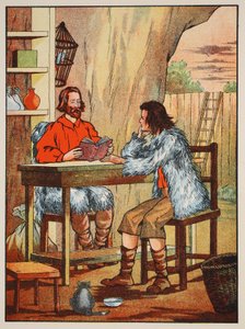 Robinson Crusoe und Freitag, Illustration aus Die Geschichte von Robinson Crusoe: Eine Adaption für Kinder nach Defoes Sprache, veröffentlicht von Griffith Farran Browne & Co. Limited, London von English School
