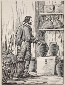 Robinson Crusoe in seinem Lagerraum, Illustration aus Die Geschichte von Robinson Crusoe: Eine Adaption für Kinder nach Defoes Sprache, veröffentlicht von Griffith Farran Browne & Co. Limited, London von English School