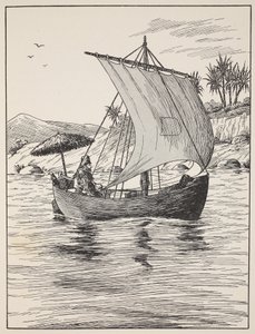 Robinson Crusoe auf seinem Boot, Illustration aus Die Geschichte von Robinson Crusoe: Eine Adaption für Kinder nach Defoes Sprache, veröffentlicht von Griffith Farran Browne & Co. Limited, London von English School