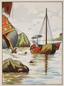 Robinson Crusoe rettet einen Hund aus einem spanischen Schiffswrack, Illustration aus Die Geschichte von Robinson Crusoe: Eine Adaption für Kinder nach Defoes Sprache, veröffentlicht von Griffith Farran Browne & Co. Limited