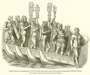 Römischer General, begleitet von Standartenträgern und gewöhnlichen Legionären, landet von einer Schiffsbrücke von English School