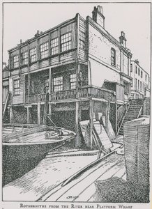 Rotherhithe vom Fluss Thames nahe Platform Wharf; The Angel von English School