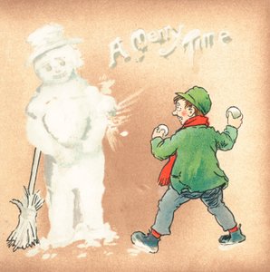 Rauher Junge wirft Schneebälle auf Schneemann, Weihnachtskarte von English School