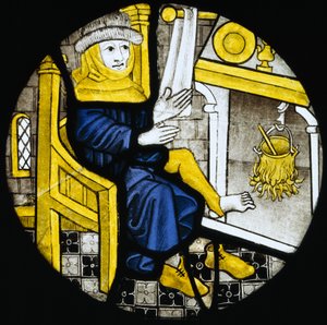 Rundbild, das den Monat Februar darstellt, Ende des 15. Jahrhunderts (Buntglas) von English School