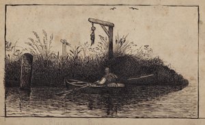Ruderboot passiert einen Galgen