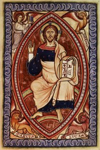 Christus in Majestät mit Symbolen der Evangelisten, aus dem Westminster Psalter von English School