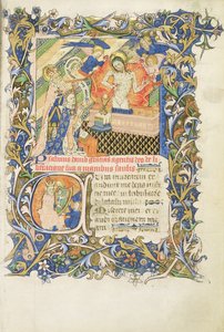 Gekrönte Figur, unterstützt von einem grau bärtigen Heiligen, der vor einem Bild der Barmherzigkeit kniet, aus dem Psalter von Humphrey Duke of Gloucester, ca. 1420-30 von English School