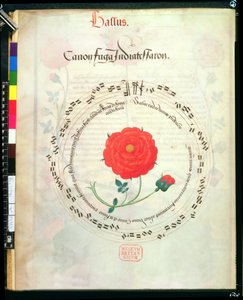 Kanon, mit kreisförmigen Notenlinien und Rose in der Mitte, aus Motetten von Richard Sampson