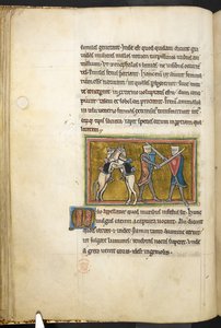 Zwei Ritter kämpfen zu Fuß mit Schwertern, während ihre Pferde auf den Hinterbeinen kämpfen, aus Bestiarium (ff. 3-141), Lapidarium (ff. 141v-149), 2. Viertel des 13. Jahrhunderts
