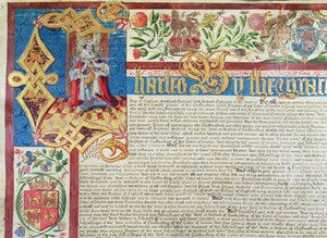 Königliche Charta für die Gesellschaft der Tuchmacher in der Regierungszeit von Karl II. (1630-85) (Detail) von English School