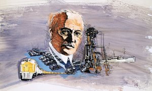Rudolf Diesel vor dem Hintergrund von Zügen, Booten und Docks