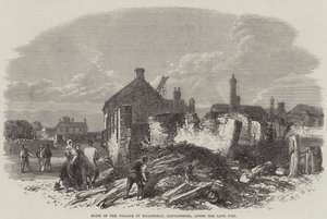Ruinen des Dorfes Billinghay, Lincolnshire, nach dem letzten Feuer (Stich) von English School