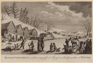 Russische Schlitten usw. zum Transport von Waren, Brennholz und anderen Gütern im Winter (Stich)