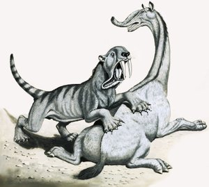 Säbelzahntiger greift unbekannte prähistorische Kreatur an