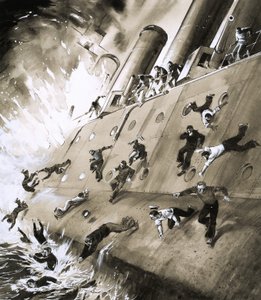 Matrosen fliehen von der HMS Natal, die 1915 im Cromerty Firth Feuer fing