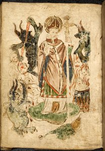 Saint Patrick, im Bischofsgewand, hält ein Kruzifix und macht eine Segensgeste, steht auf der Insel Lough Derg, Donegal (Irland), umgeben von Dämonen und gequälten Seelen. Bild aus ""Purgatorium des Heiligen Patrick"", englisches Manuskript