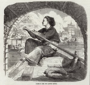 Sampan-Mädchen auf dem Kanton-Fluss von English School