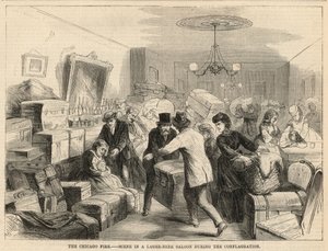 Szene in einem Lagerbier-Salon während des Brandes von English School