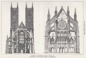 Schnitte der Westminster Abbey, die Anwendung von Mr. Pullans Proportionssystem zeigend (Gravur) von English School