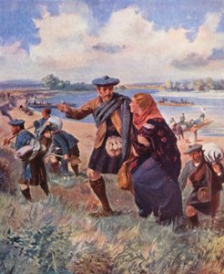 Siedler aus Kildonan kommen am Red River, Manitoba an von English School