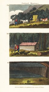 Siedler in einem Wagen auf dem Weg in die westlichen Staaten, Siedler bauen eine Blockhütte und Blick auf die Mammuthöhle in Kentucky