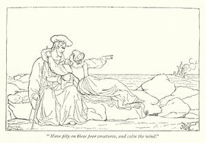 Shakespeares Der Sturm; Miranda bittet ihren Vater, den Wind zu beruhigen (Gravur)