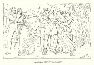 Shakespeares Titus Andronicus; Demetrius, angestiftet von Tamora, ermordet Bassianus (Gravur)
