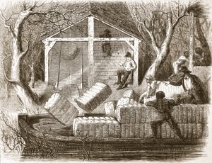 Schießen von Baumwollballen in den vorderen Teil des Flussdampfers Magnolia, Illustration aus The Illustrated London News, 1861 von English School