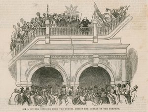 Sir Isambard Brunel zieht sich unter dem Jubel der Gesellschaft aus dem Tunnel zurück von English School