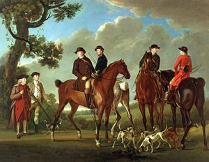 Sir Thomas Gascoigne und Sir Walter Vavasour mit dem Priester, dem Vikar und Jagddienern