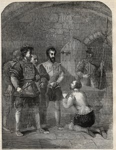 Sir Thomas Wyatt der Jüngere (1521-1554) auf dem Weg zur Hinrichtung, feierlich die Prinzessin Elizabeth und Courtenay von der Teilnahme an seiner Rebellion freisprechend - 1554 - Gravur aus „History of England“ von Cassell Petter & Galpin