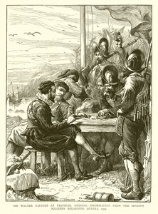 Sir Walter Raleigh in Trinidad, Informationen von den spanischen Soldaten über Guiana einholend, 1595 von English School