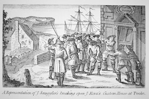 Schmuggler brechen das Zollhaus des Königs in Poole, Dorset, auf