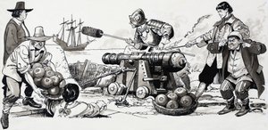 Soldaten feuern eine Kanone ab
