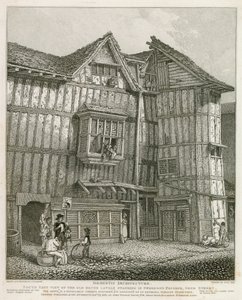 Südostansicht eines alten Hauses, das kürzlich in Sweedons Passage, Grub Street, stand von English School