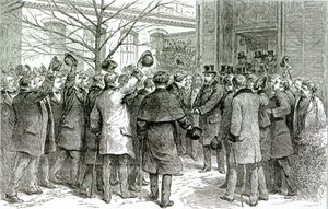 Dr. Robert Koch (1843-1910) verlässt das Königliche Krankenhaus, wo der englische Patient behandelt wird, aus The Graphic, 6. Dezember 1890