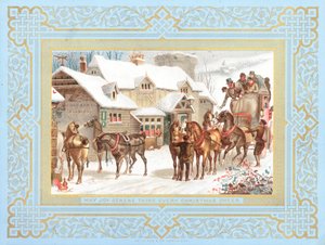 Postkutsche und Pferde vor Gasthaus, Weihnachtskarte