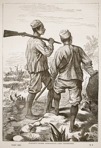 Stanleys Führer nähern sich dem Tanganjikasee, Illustration aus der Bildausgabe des Lebens und der Entdeckungen von David Livingstone von J. Ewing Richie, veröffentlicht von A. Fullarton & Co., 1876