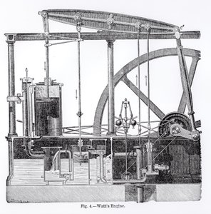 Dampfmaschine entworfen von James Watt (1736-1819), von Bonnafoux von English School