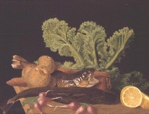 Stillleben mit Gemüse und Fisch von English School