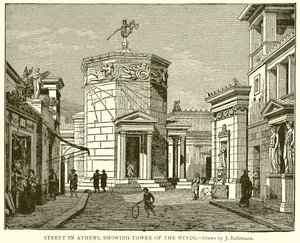 Straße in Athen, zeigt den Turm der Winde