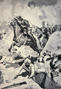 Thackwell führt die 3. Leichten Dragoner durch Sikh-Erdwerke, Schlacht von Sobraon von English School