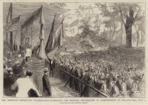 Die amerikanischen Jahrhundertfeiern, Ausstellung der Originalunabhängigkeitserklärung in Philadelphia, 4. Juli (Gravur)