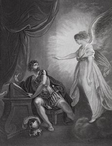 Der Engel erscheint Cornelius, Apostelgeschichte, Kap. 10, Vers 4 (Gravur)