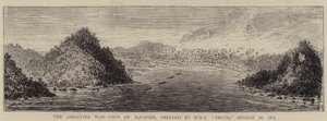 Der Ashantee-Krieg, Ansicht von Aquidah, beschossen von HMS "Druid", 28. August 1873 (Gravur) von English School